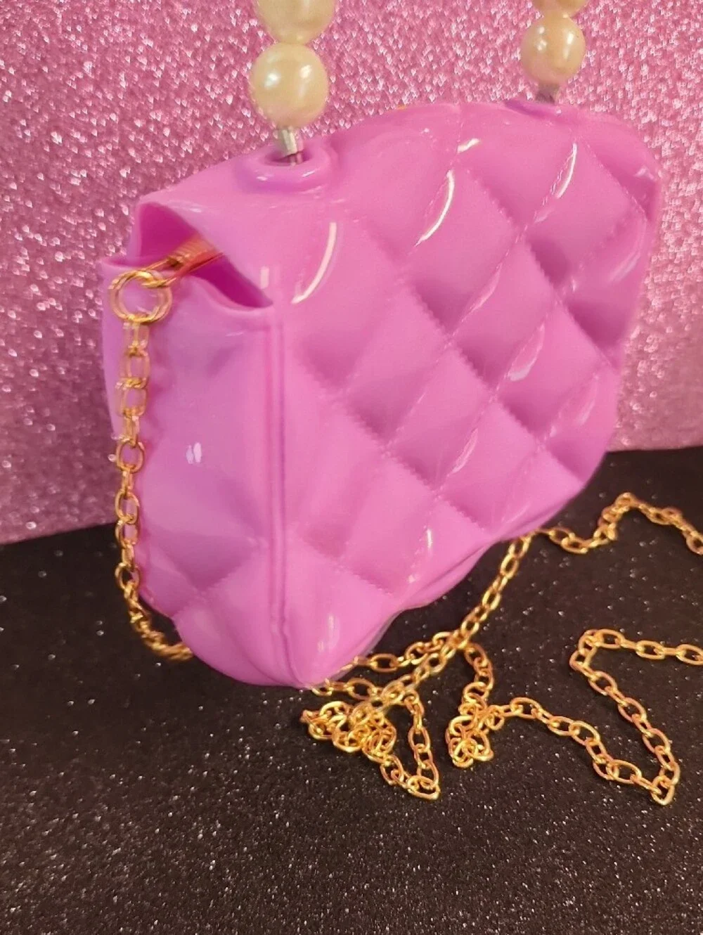 Kids Purple Unicorn Pearl-Handle Mini Bag with Gold Chain